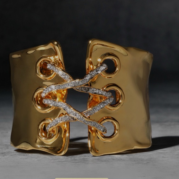 ALEXIS BITTAR• Solanales Gold Silver Crystal Lace Up Corset Cuff Bracelet - Picture 8 of 8